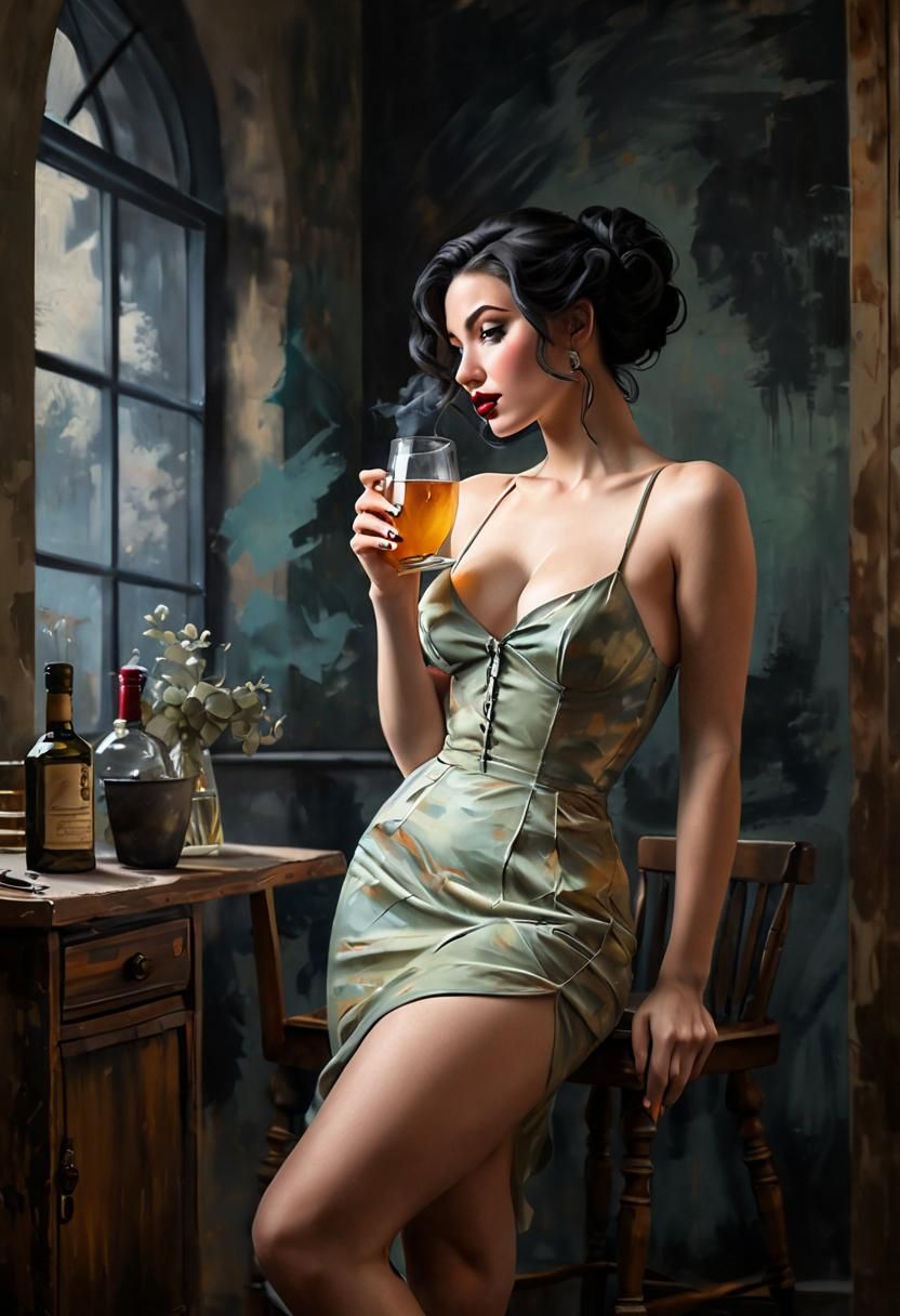 European Pinup Model in Impressionist Oil Painting Style