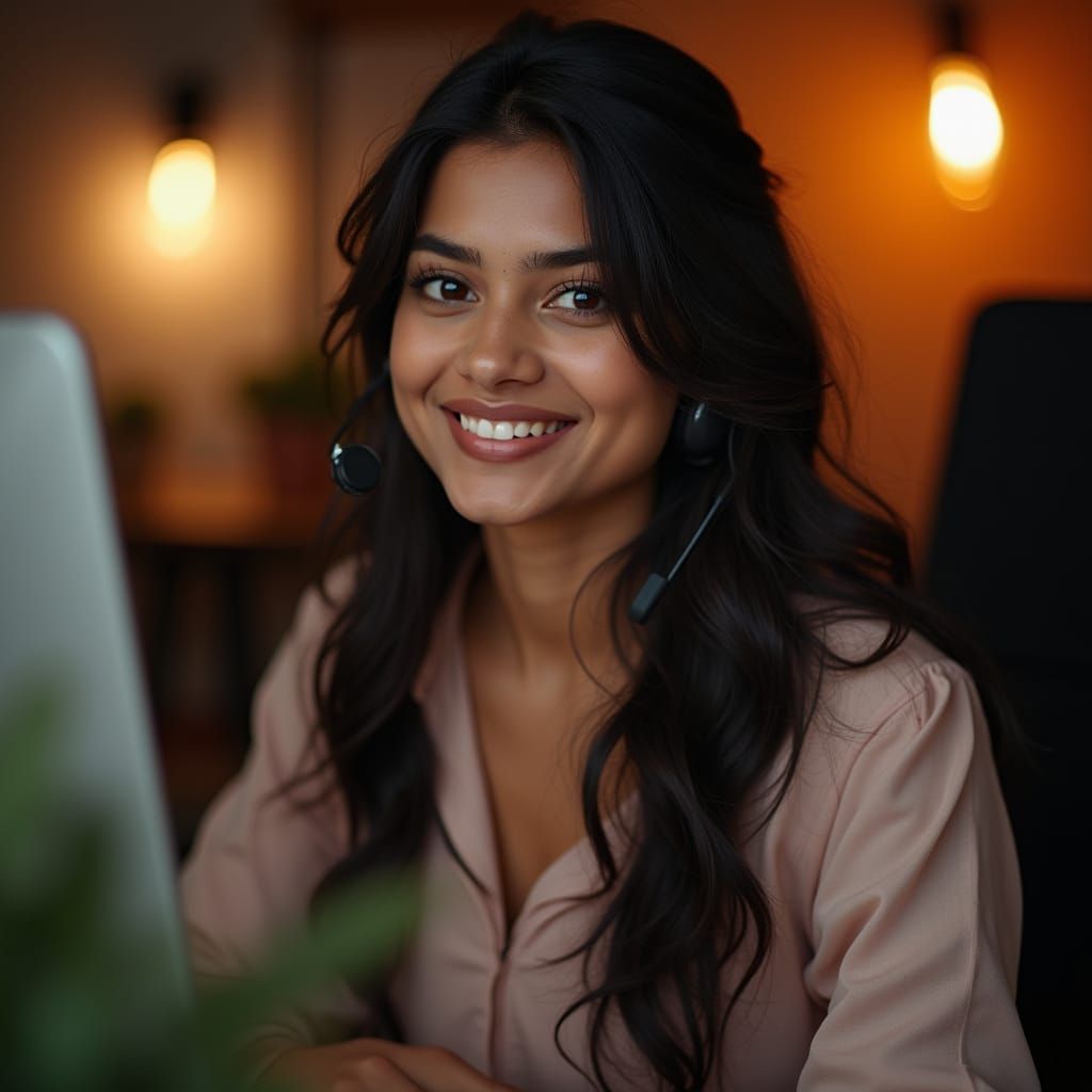 Elegant Indian Call Center Agent in Cozy Home Office