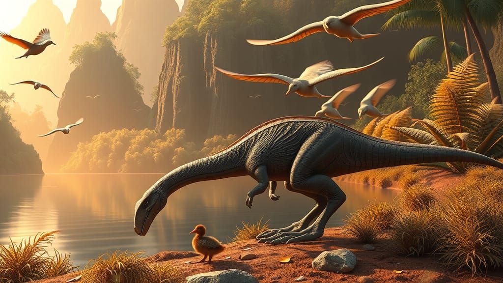 Dinosaur Grazing in Lush, Surreal Landscape