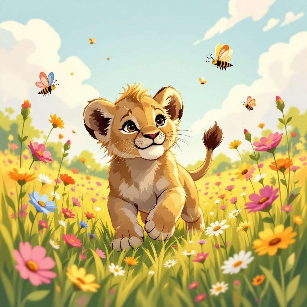 Lion Cub Chasing Butterflies in Storybook Style