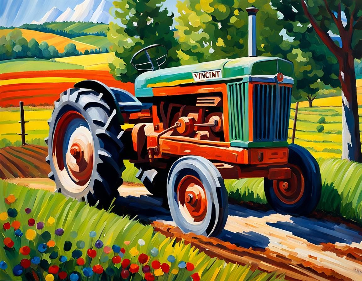 Vibrant Tractor in Lush Farm: Impasto Gouache Painting