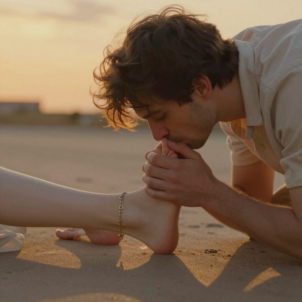 Romantic Sunset Scene: Man Kisses Woman's Feet