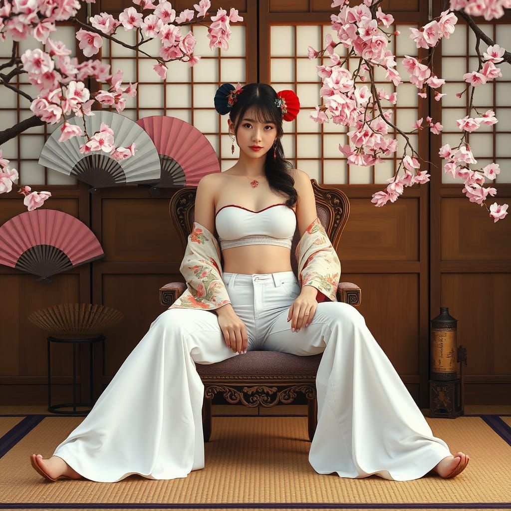 Geisha Beauty in Modern Attire with Cherry Blossoms