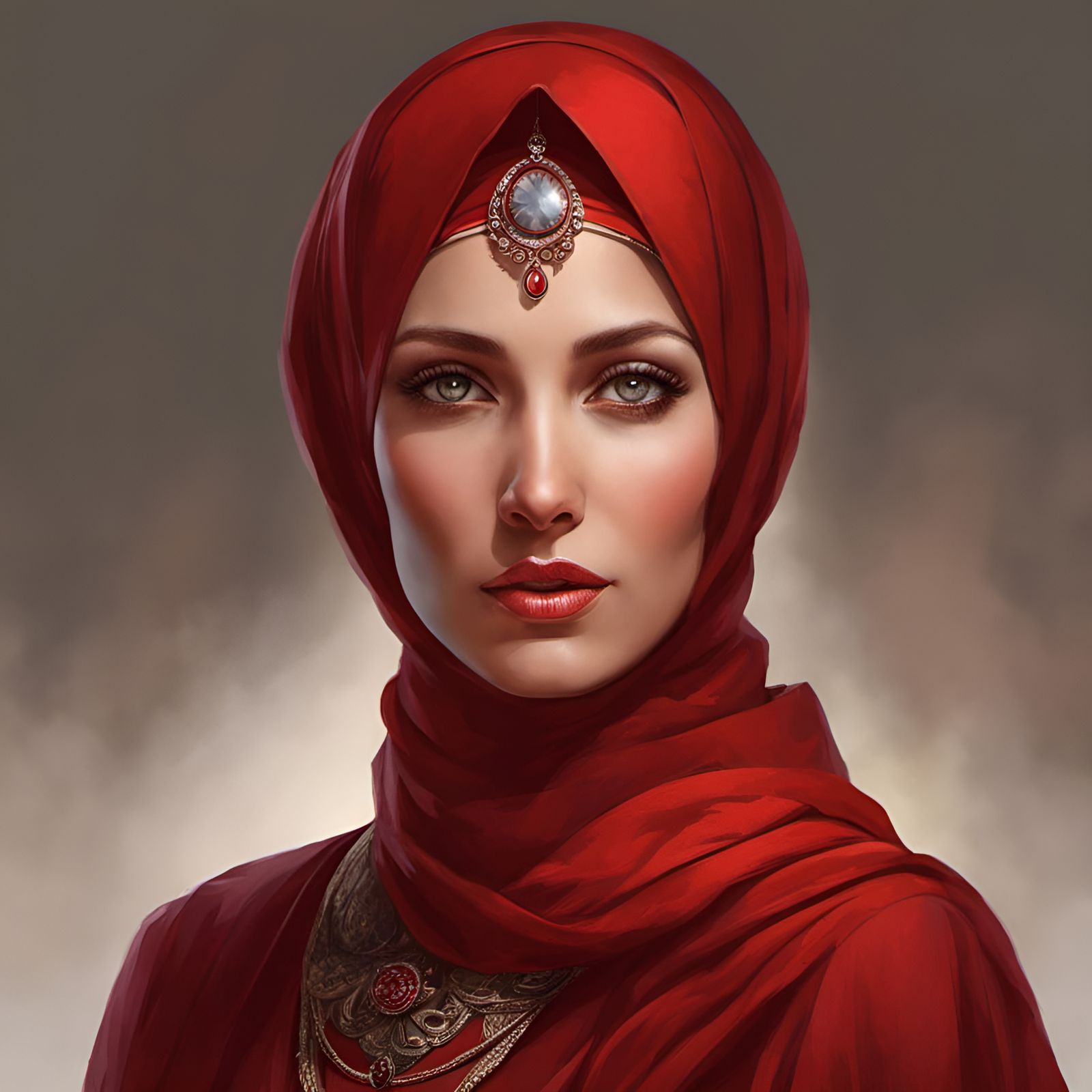 Czech Lady in Red Hijab: Detailed Portrait