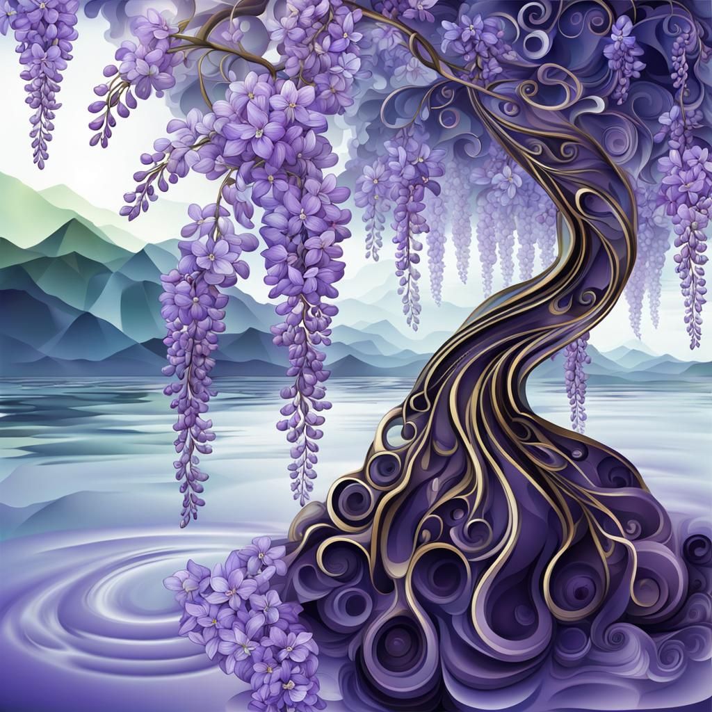Wisteria and Lilac Flowers in Abstract Vector Fractal