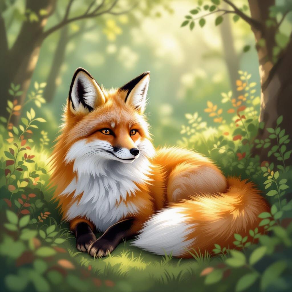 Fox Lounging in Forest, Illustration Style