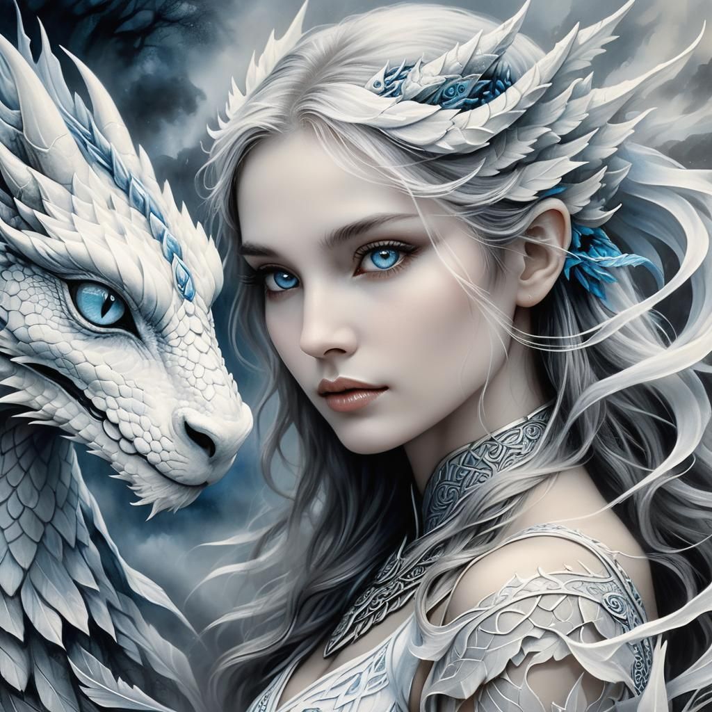 Goddess and Dragon in Charcoal Drawing