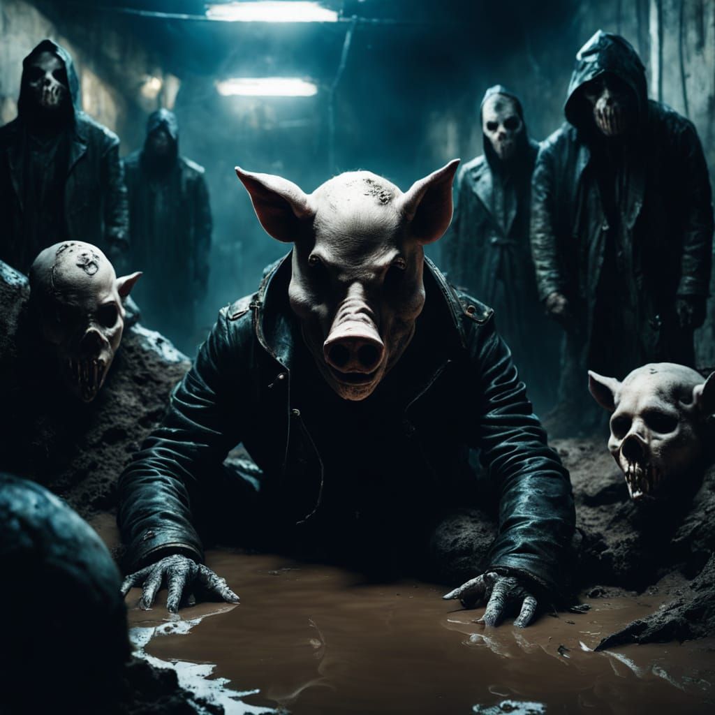 Dark Fantasy Pig and Human Figure in Mud
