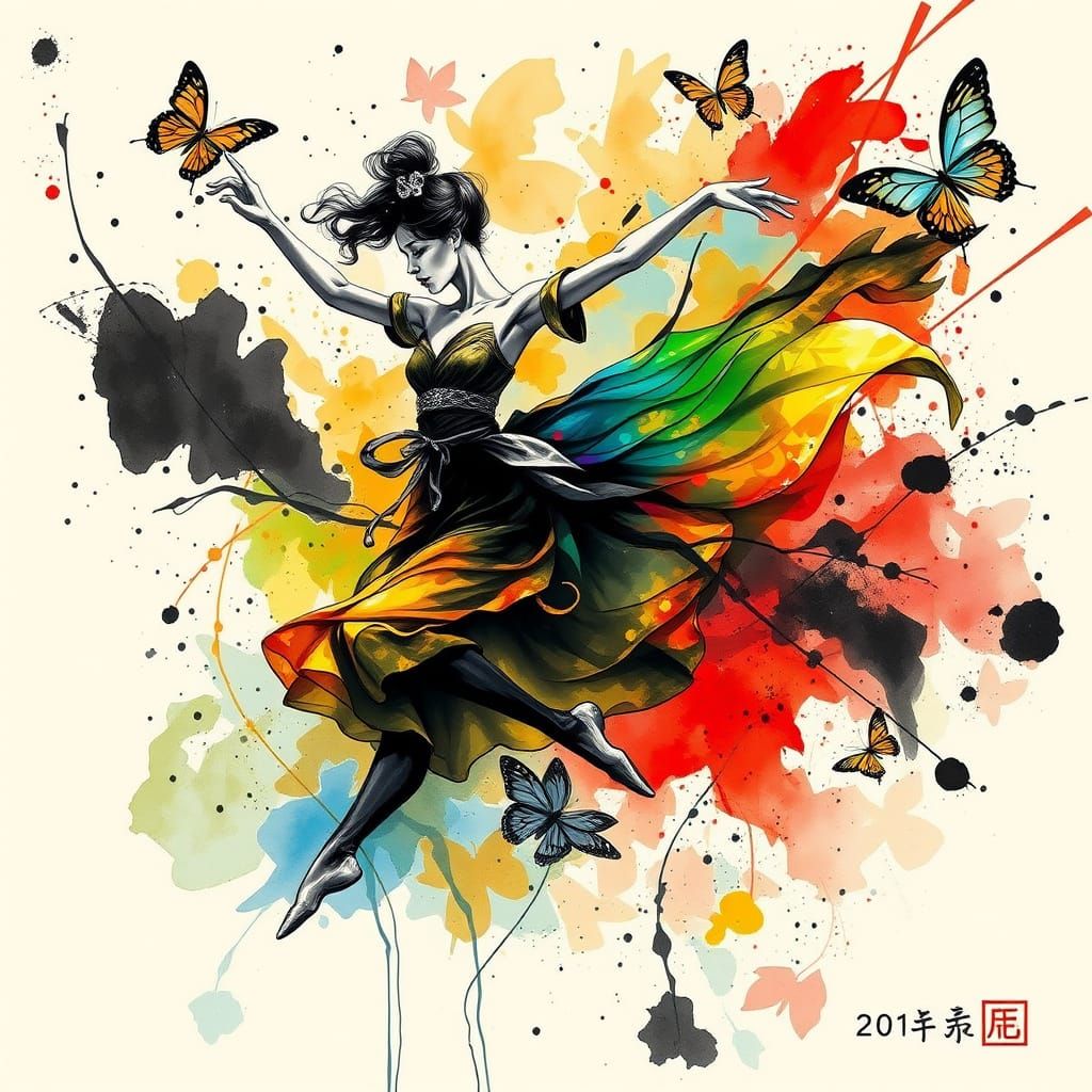 Graceful Dancer in Motion with Rainbow Ink and Brushstrokes