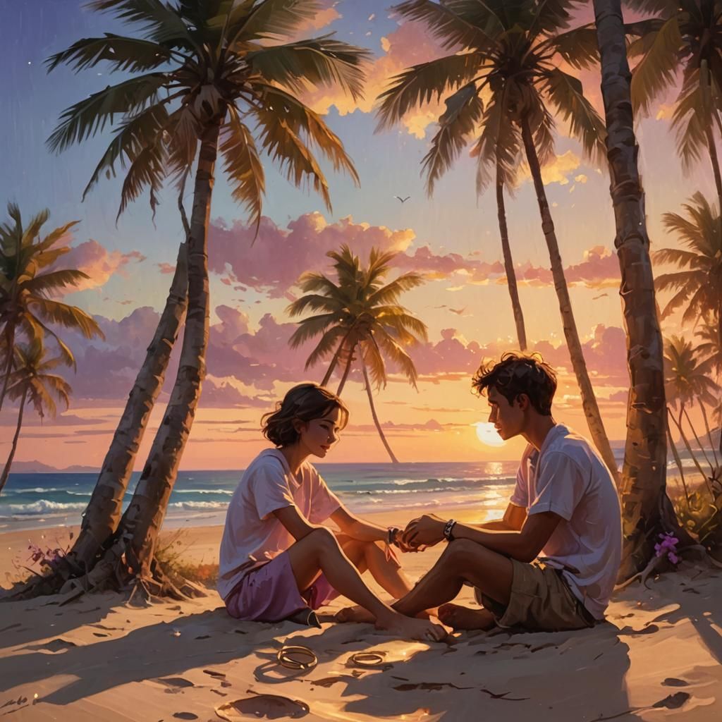 Romantic Beach Proposal in Art Nouveau Oil Painting