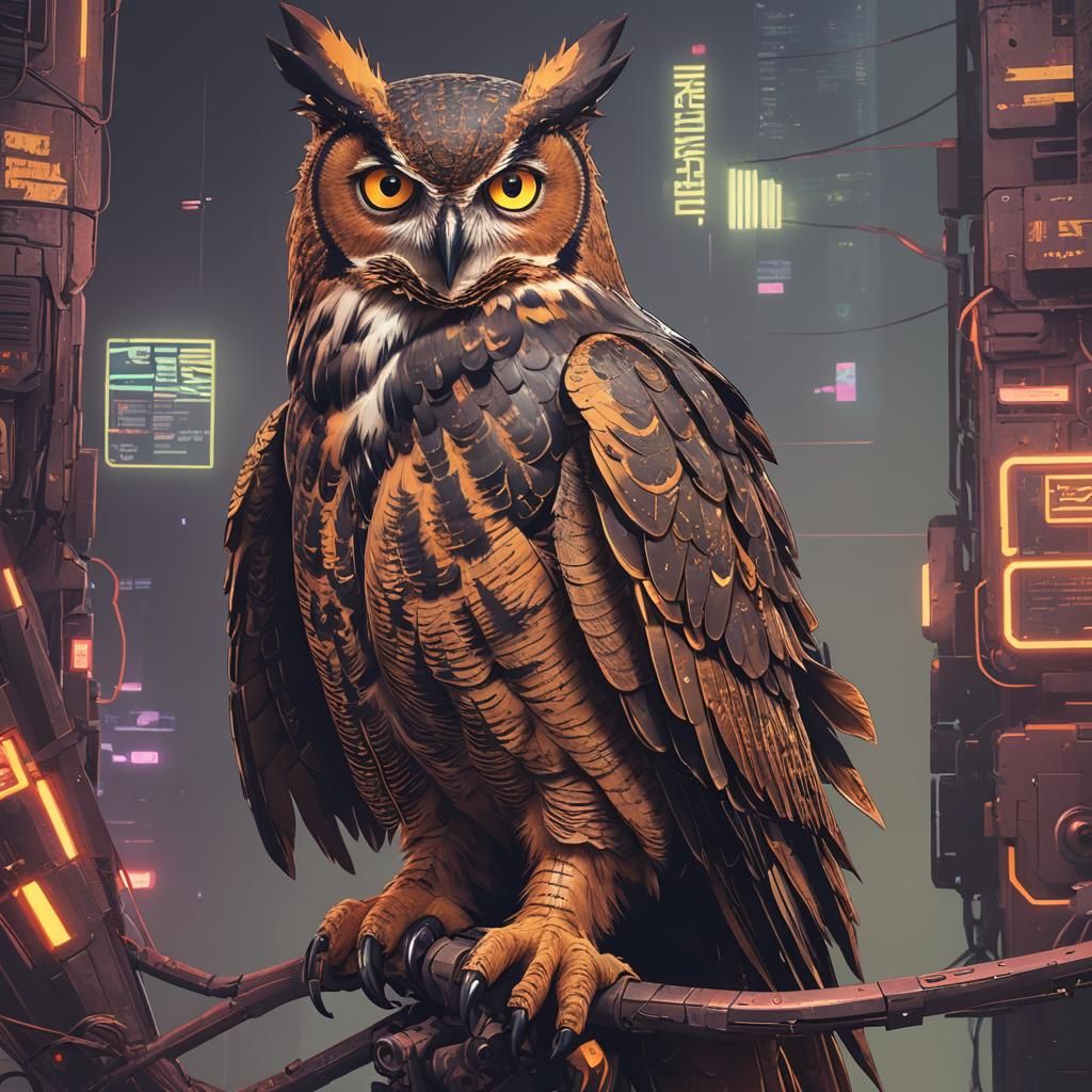 Great Horned Owl in Cyberpunk Neon Cityscape