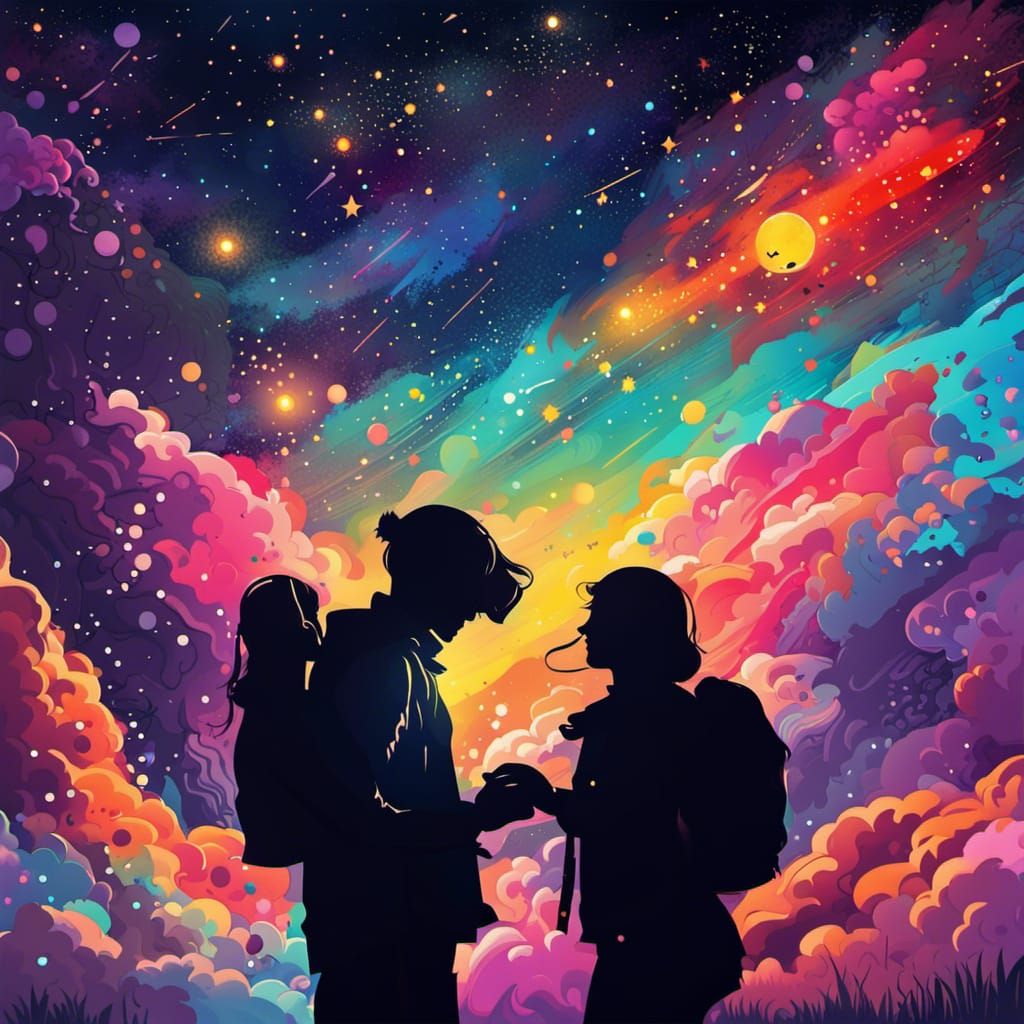 Couple Silhouette Under Starry Sky with Spaceship