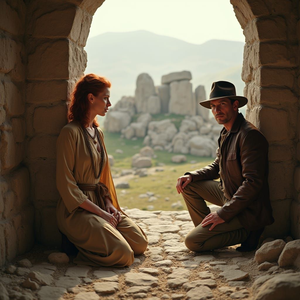 Red Haired Woman Kneels Beside Indiana Jones at Stonehenge