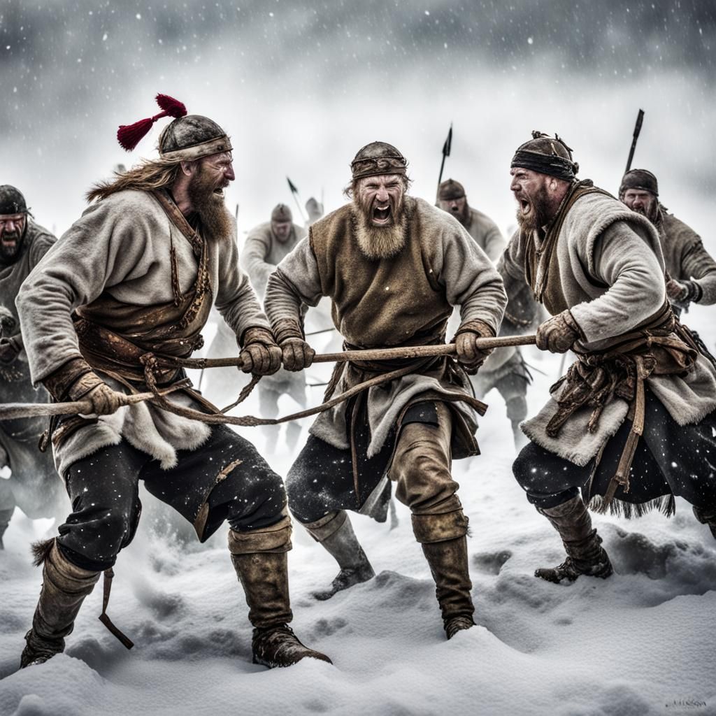 Vikings Tug of War on Snowy Battlefield