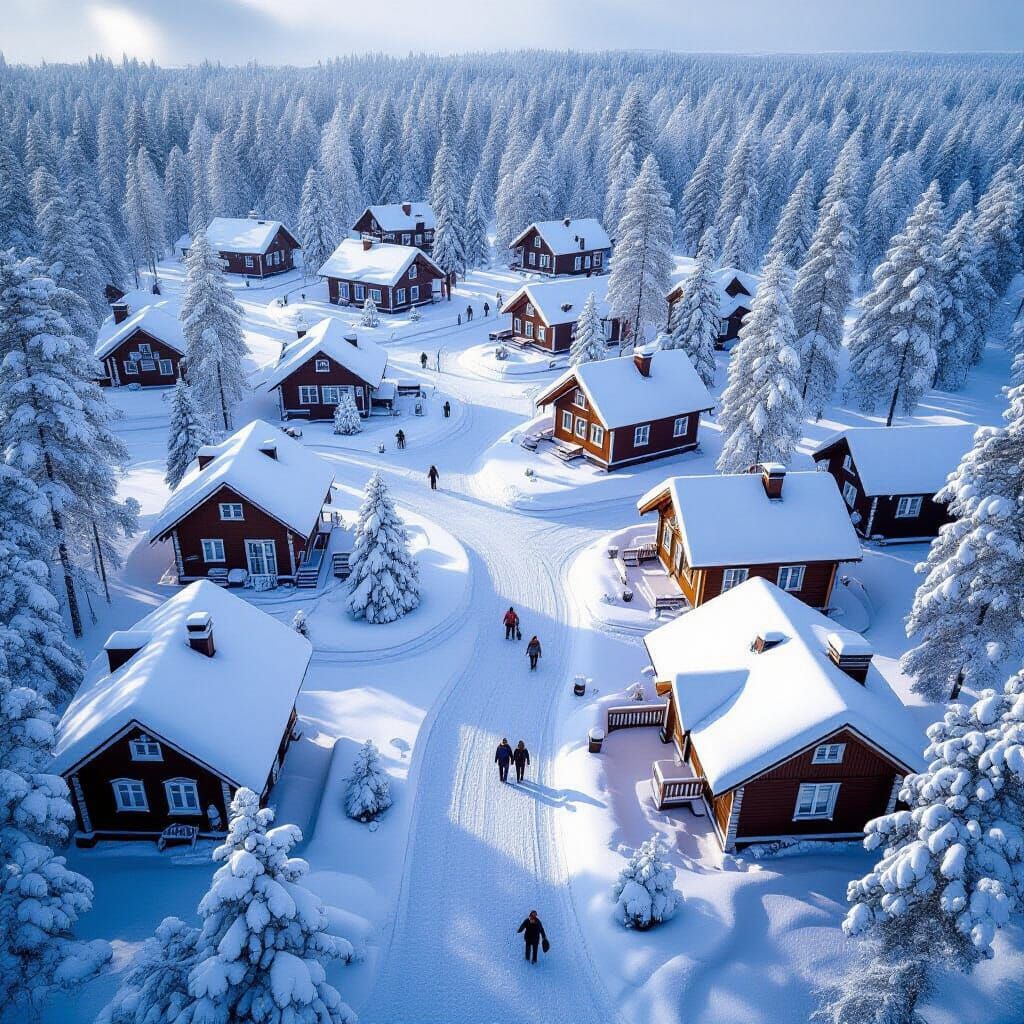 Snowy Santa Claus Village Top-Down View in Realistic Style