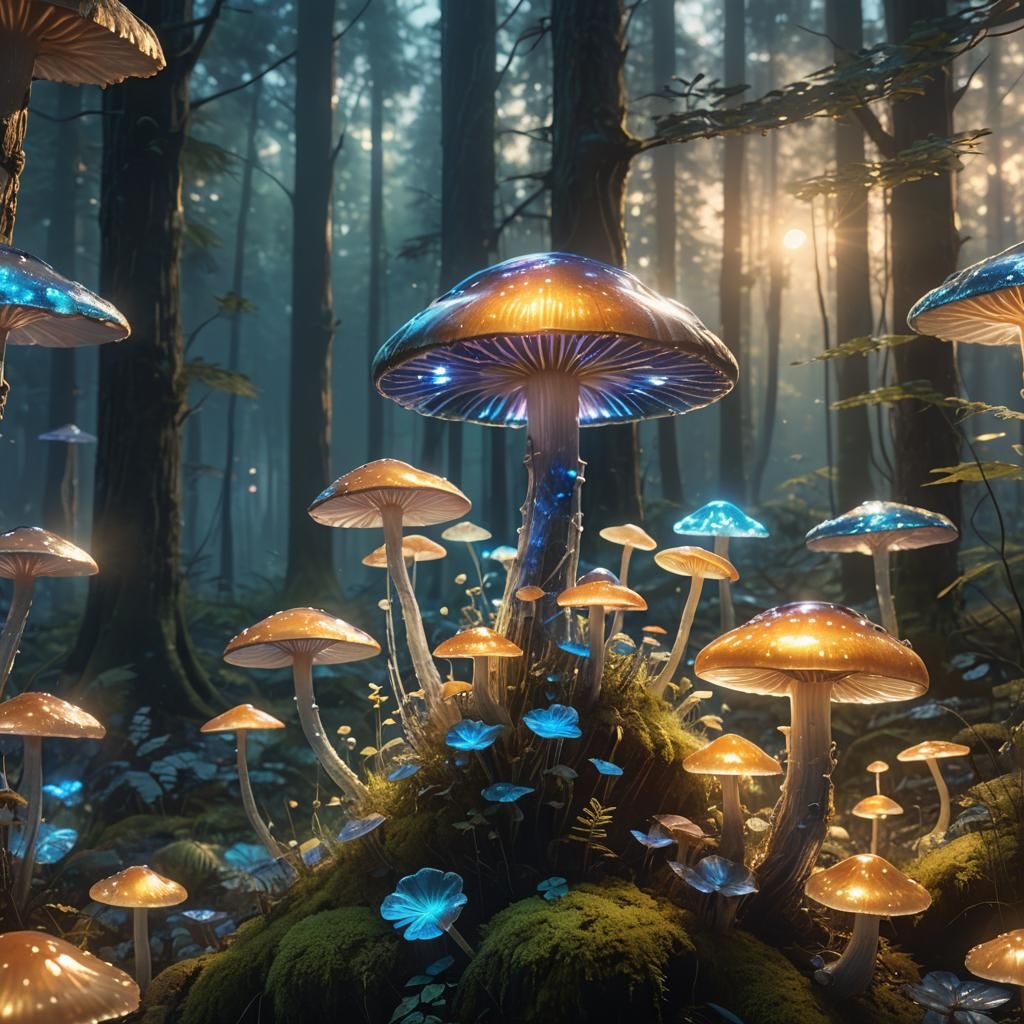 Glowing Mushroom Glass Habitat in Lush Forest