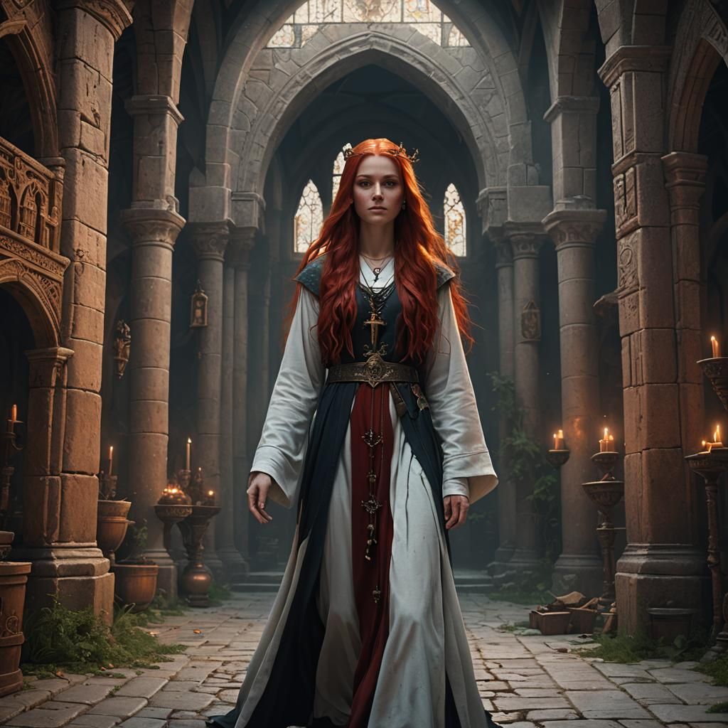 Medieval Convent: Red-Haired Priestess in Detailed Matte Pai...