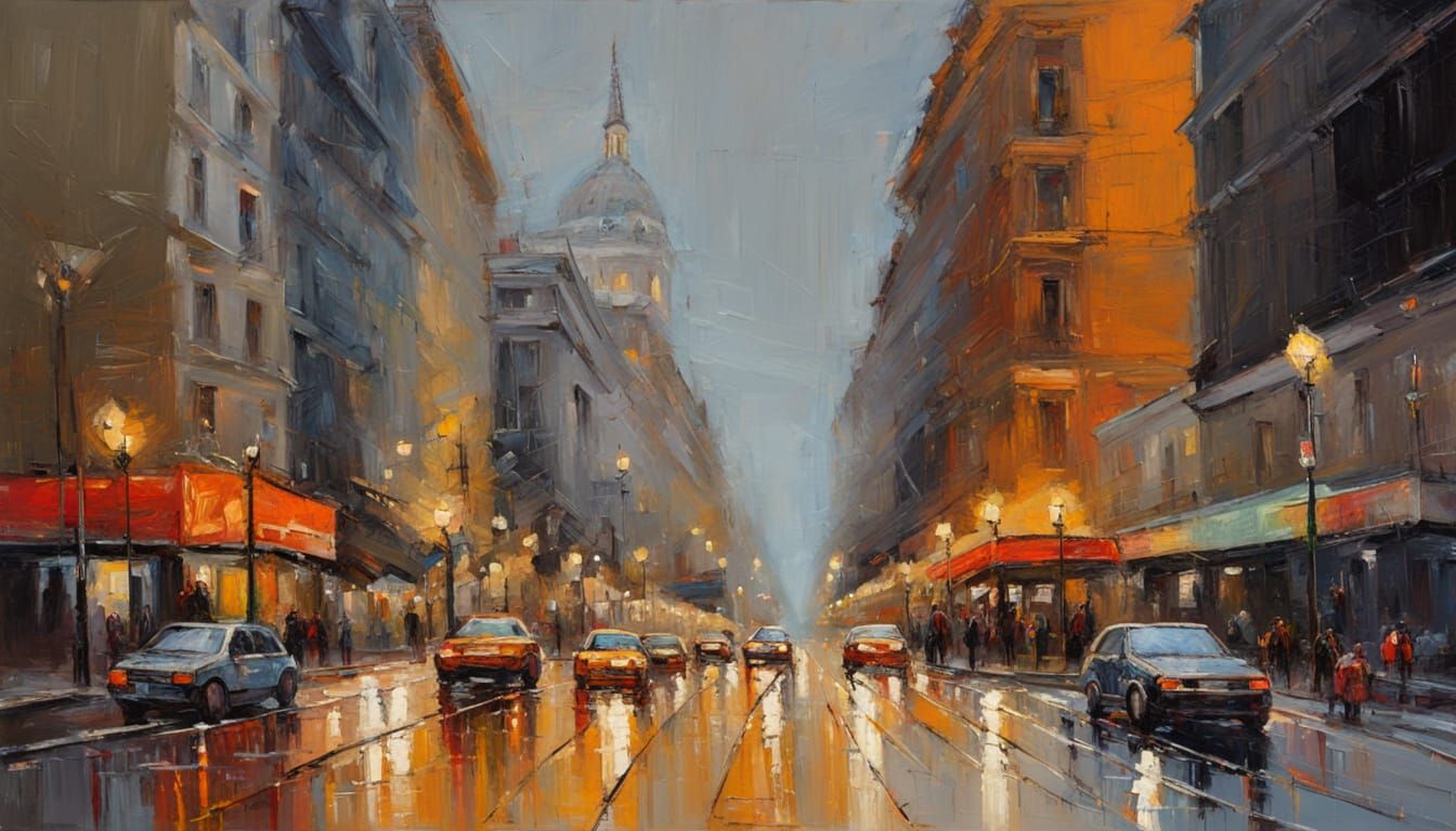 Paris City Abstraction: Geometric Oil Painting With Neon Acc...