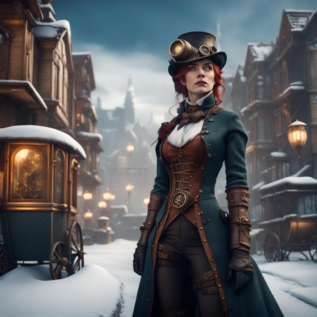 Steampunk Woman in Snowy Town: Fantasy Art
