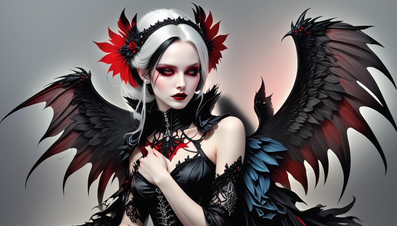 Gothic Fantasy Woman with Wings: Detailed Illustration