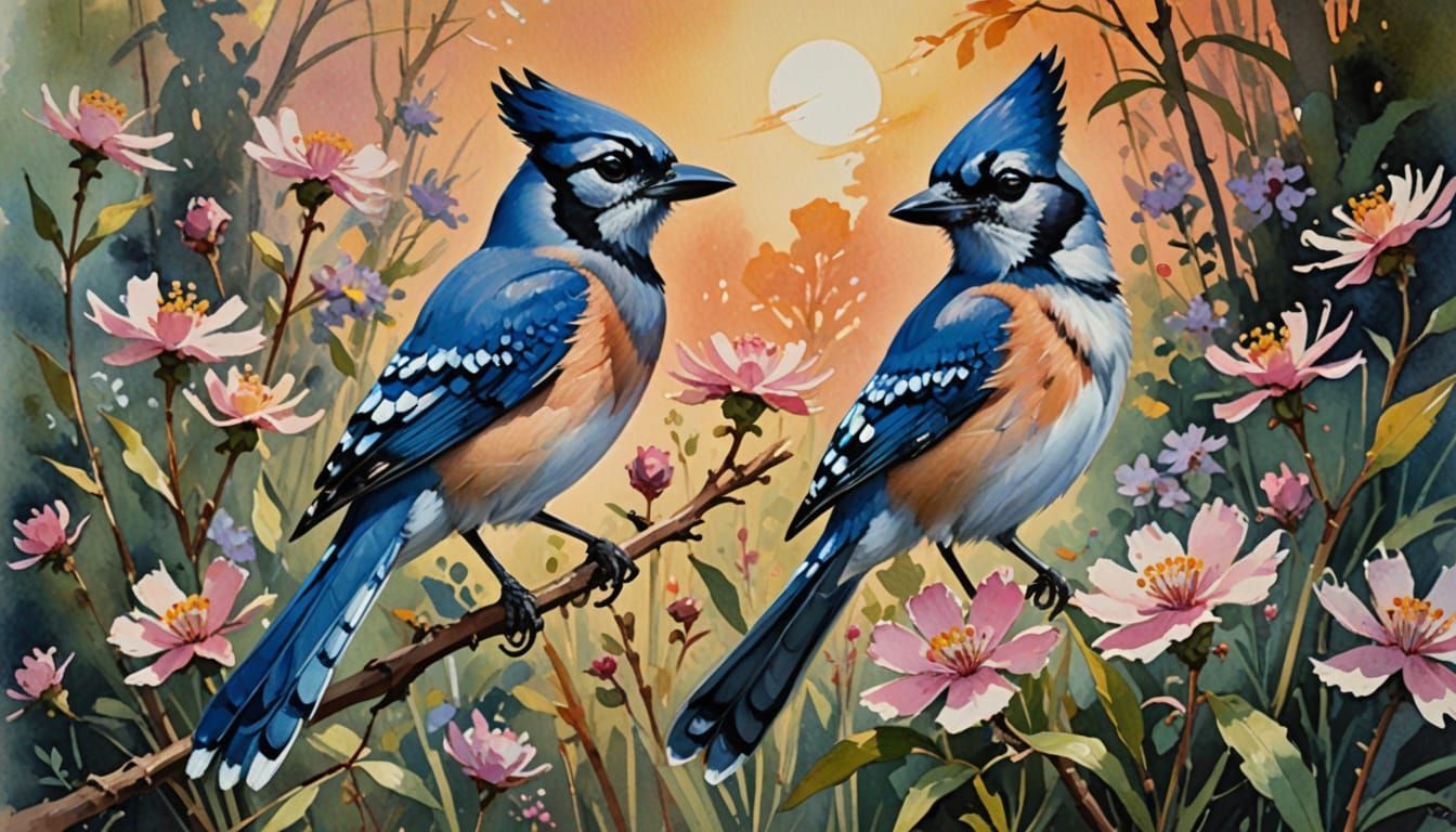 Blue Jay in Flight Amidst Sunset Flowers