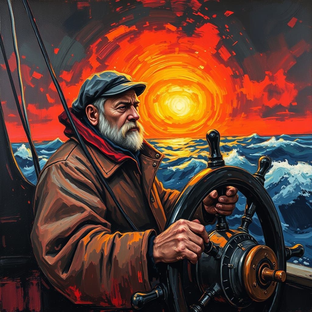 Expressionist Seascape: Trawler Captain in Fiery Sunset