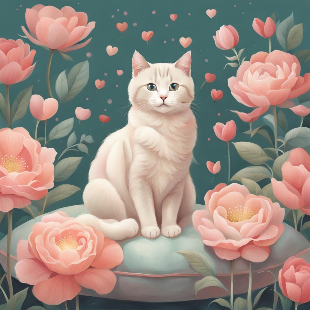 Cute Cat Surrounded by Flowers in Ethereal Style