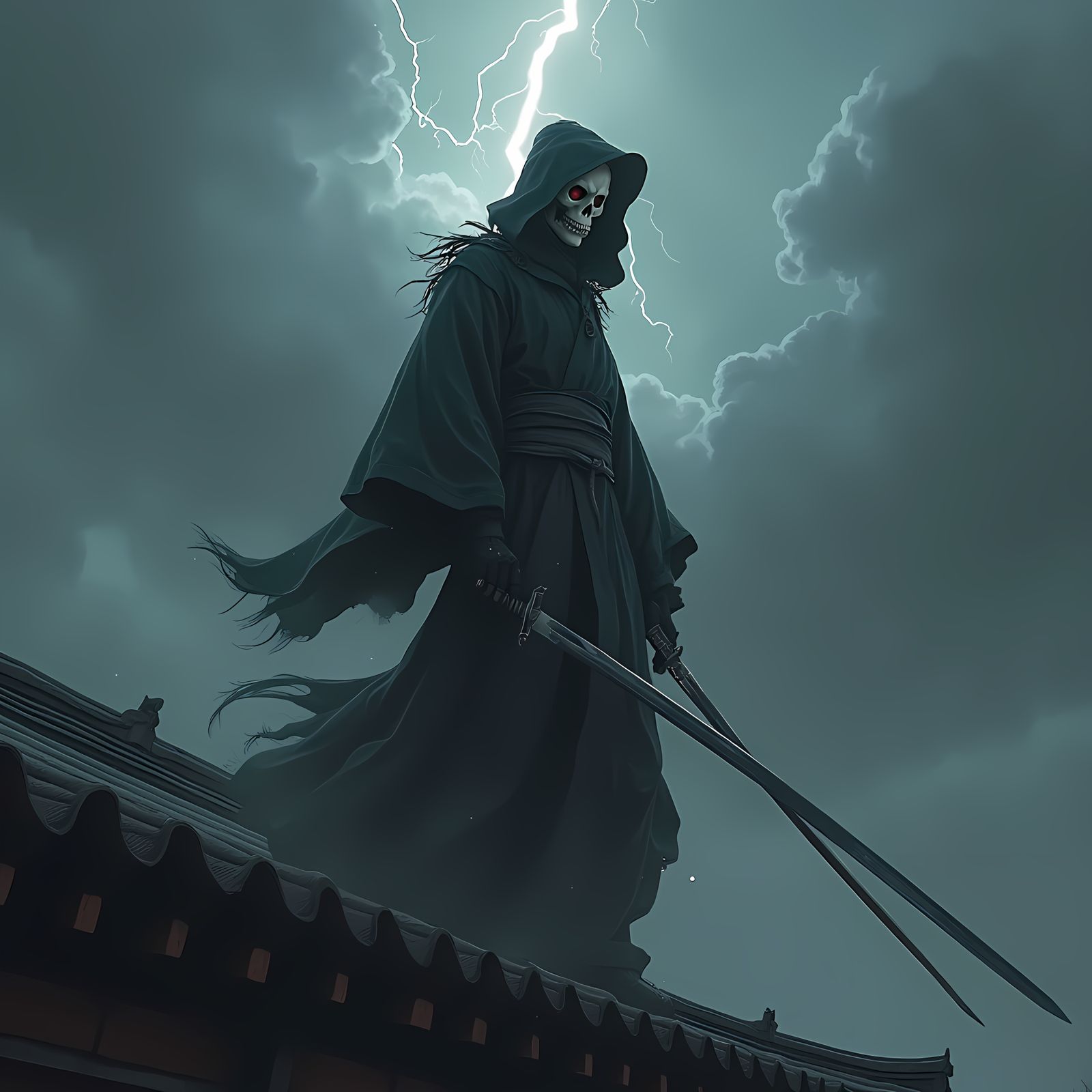 Soul Reaper with Katana on Japanese Rooftop
