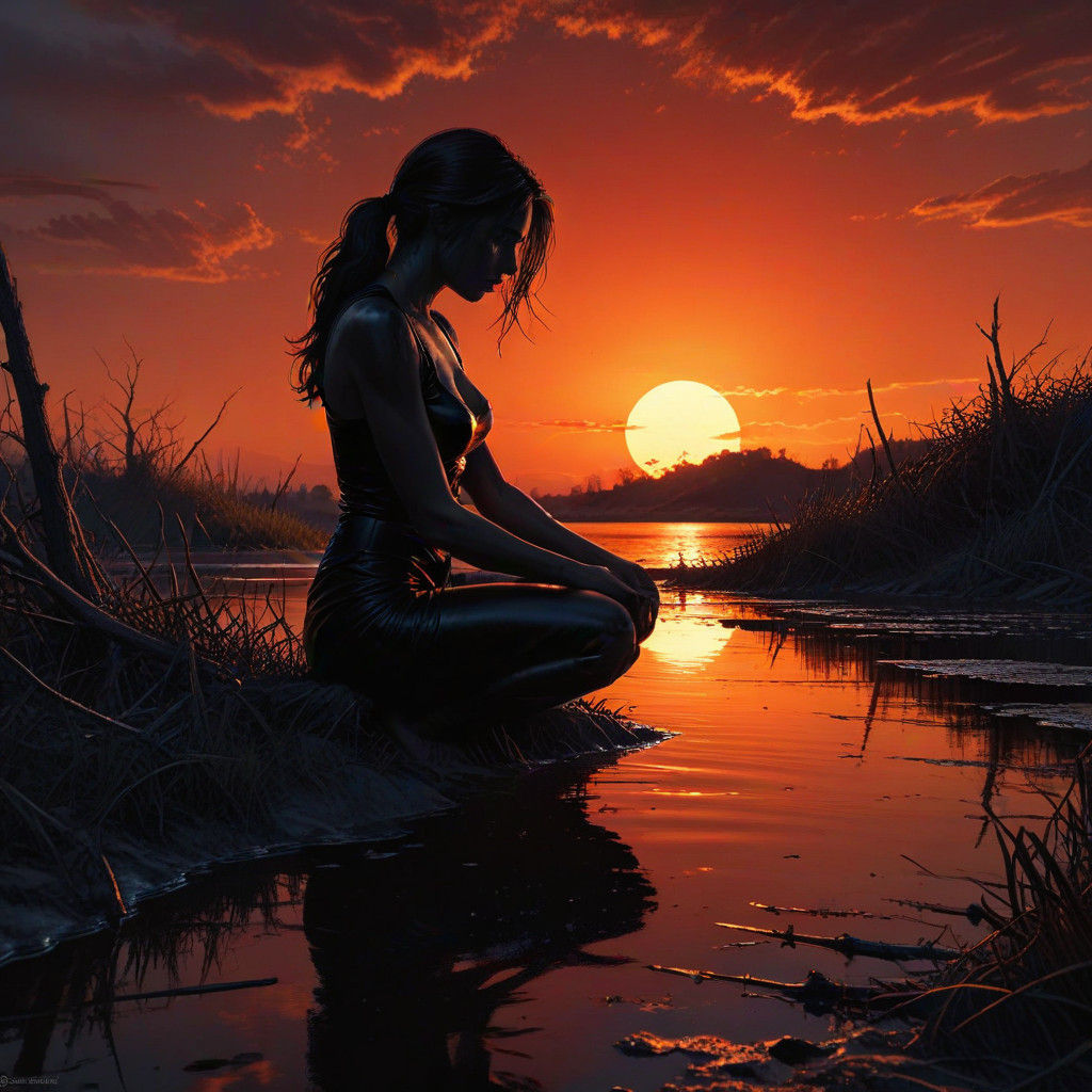 A stunning dark sunset, dark silhouette a girl kneeling, mas...