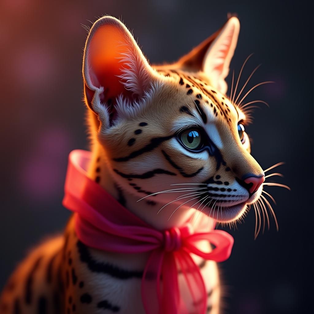 Vibrant Ocelot with Ribbon in Hyperrealistic Style