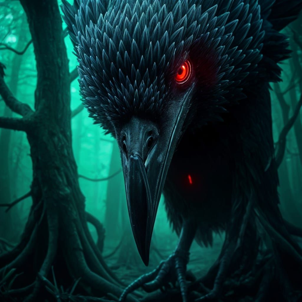 Mystical Giant Crow with Glowing Red Eyes