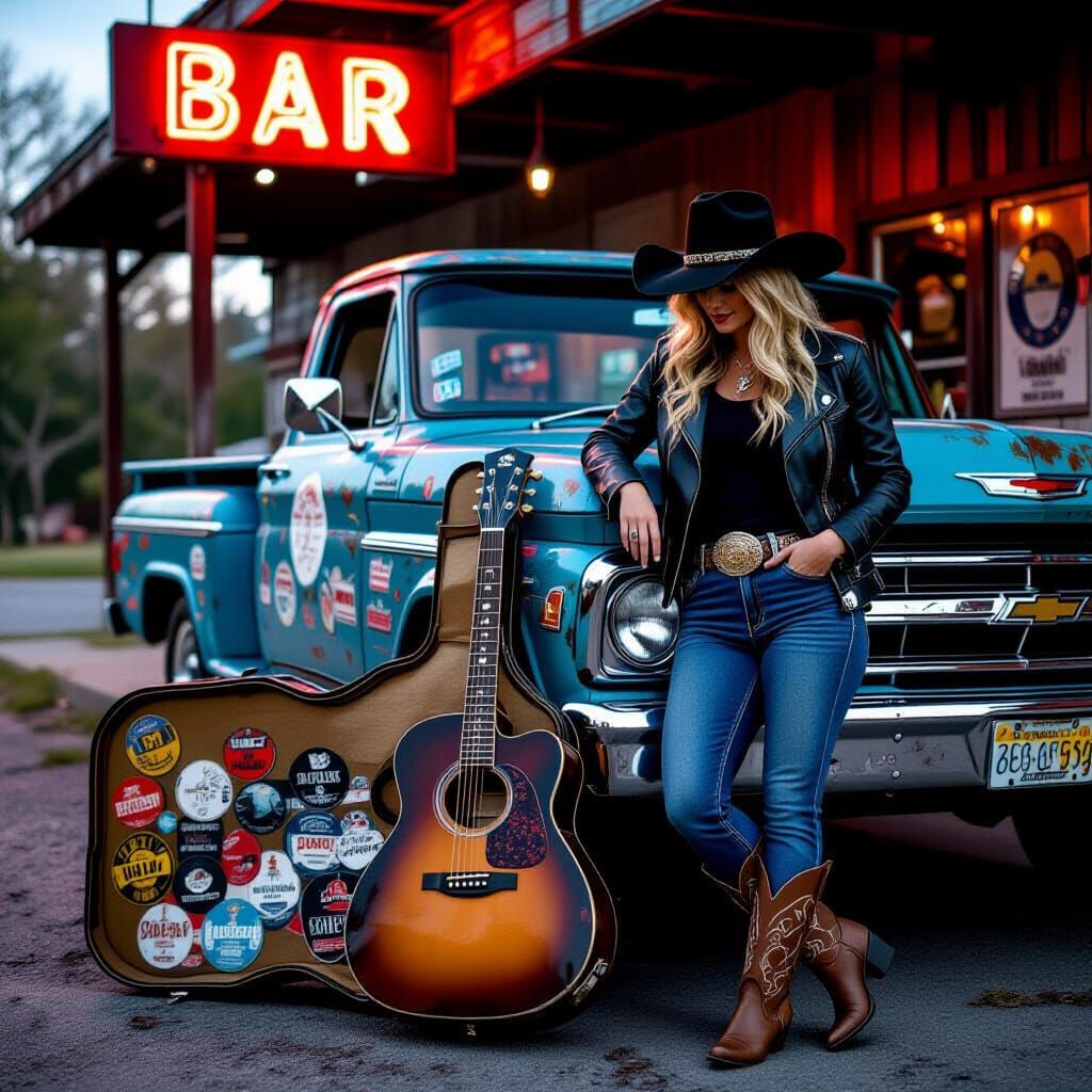 Art Nouveau Scene: Guitar Case & Truck Outside Roadhouse