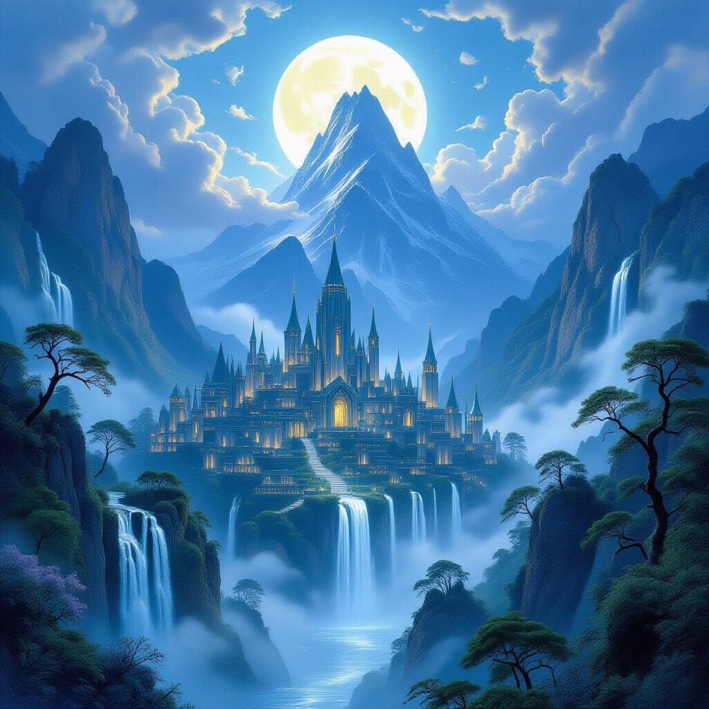 Elven City in Serene Valley with Majestic Mountains