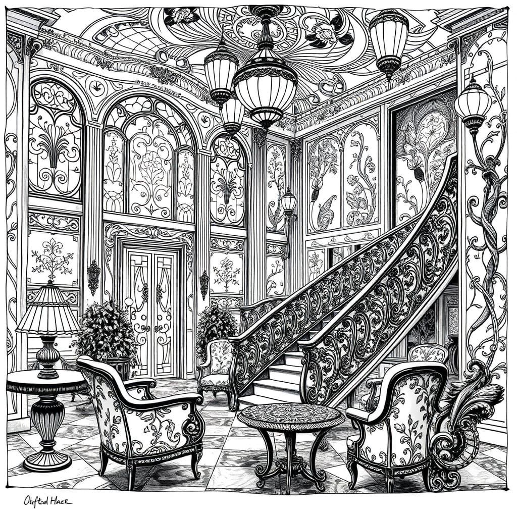 Elegant Art Nouveau Hotel Lobby in Intricate Ink Drawing
