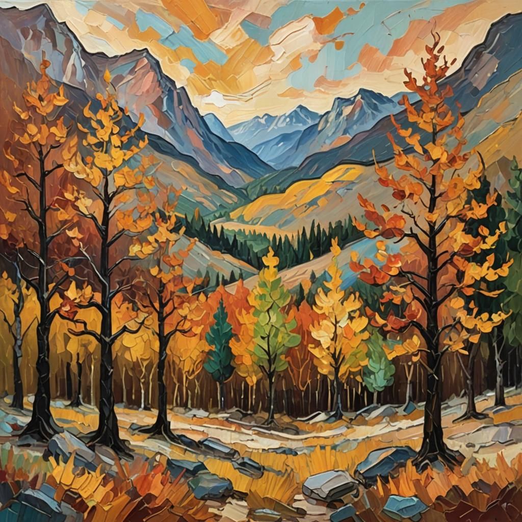 Autumn Mountain Landscape in Expressive Impasto Style