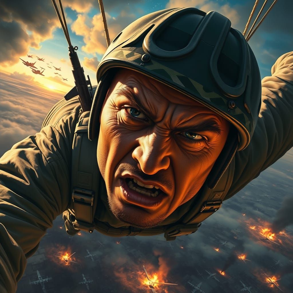 WW2 Paratrooper in Intense Freefall, Airbrush Style