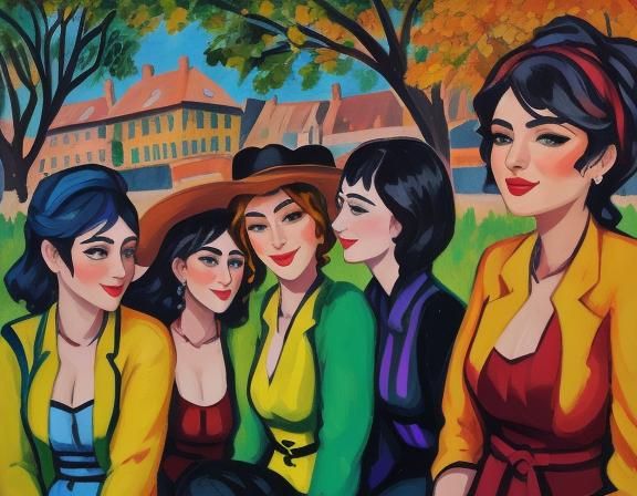 Vibrant Friends Laughing in Garden, Fauvist Oil Painting