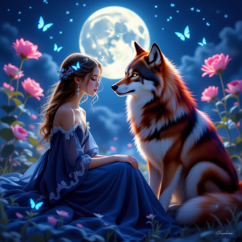 Ethereal Night Scene: Girl and Red Wolf Under Moonlight