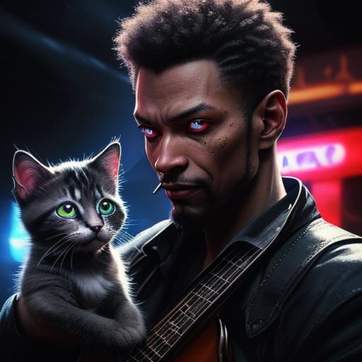 Cyborg Jazz Musician and Kitten in Neon Club
