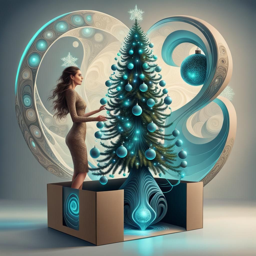 Futuristic Christmas Tree Unboxing with Bioluminescent Woman