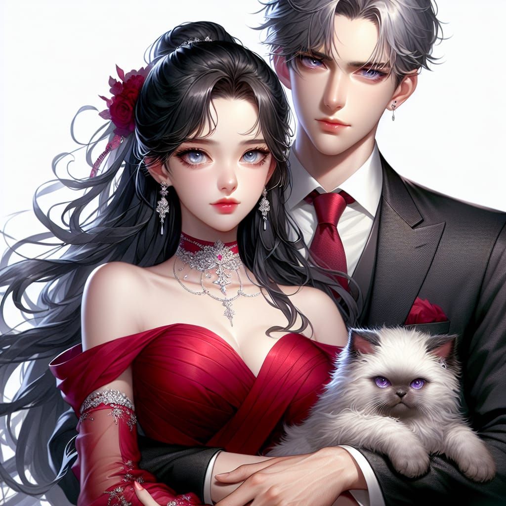 Romantic Anime Couple with Kitten