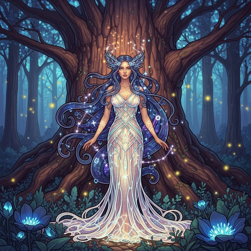 Bohemian Goddess in Mystical Forest, Art Nouveau Style