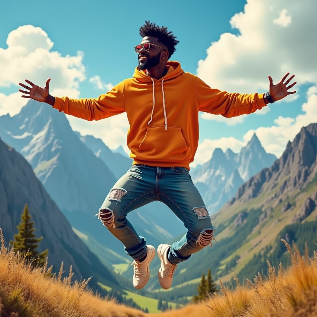 Exuberant Figure Jumps in Mountain Landscape