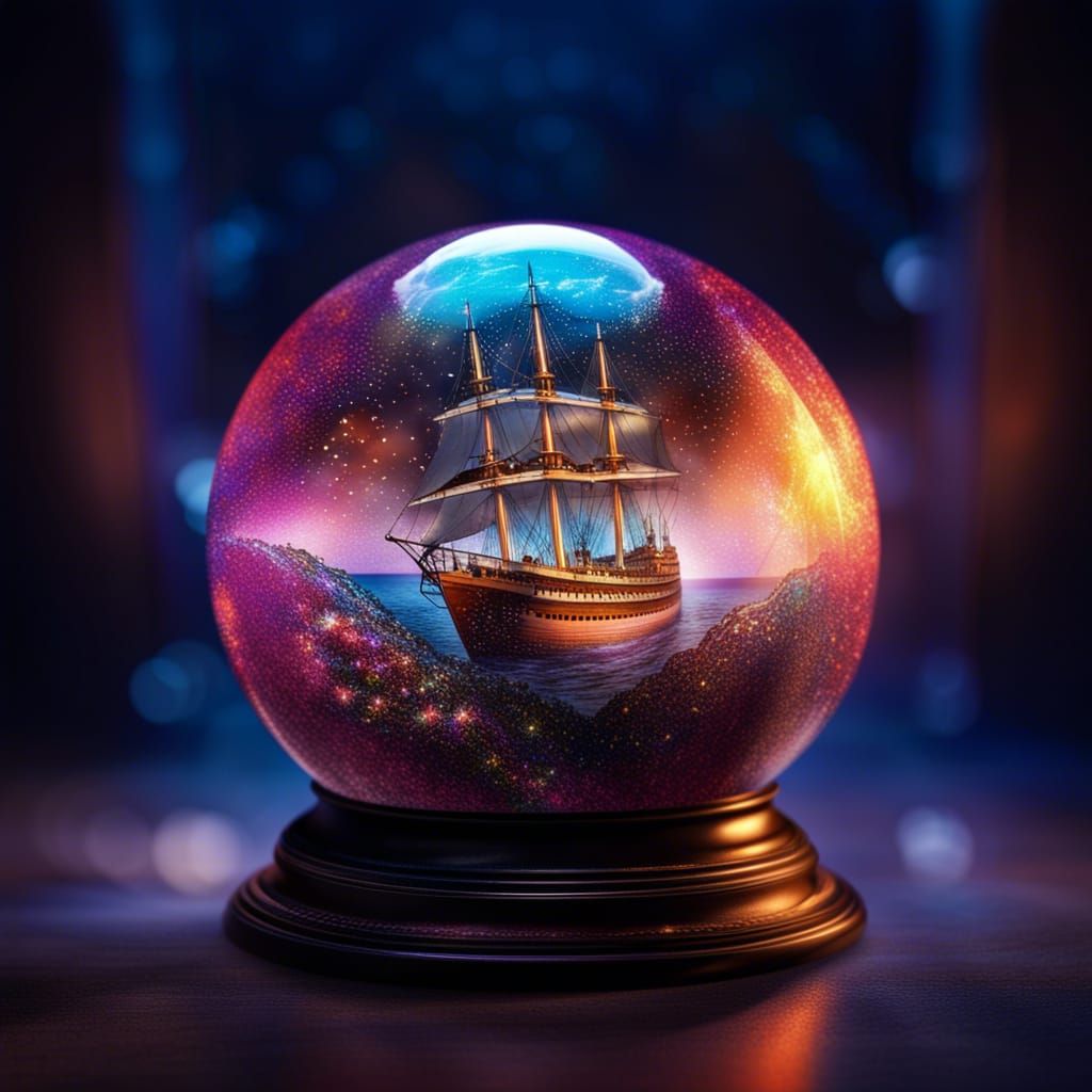 a breathtaking, magical TITANIC, inside a glass sphere : vibrant, bright, unblended colors to convey the atmosphere and ...