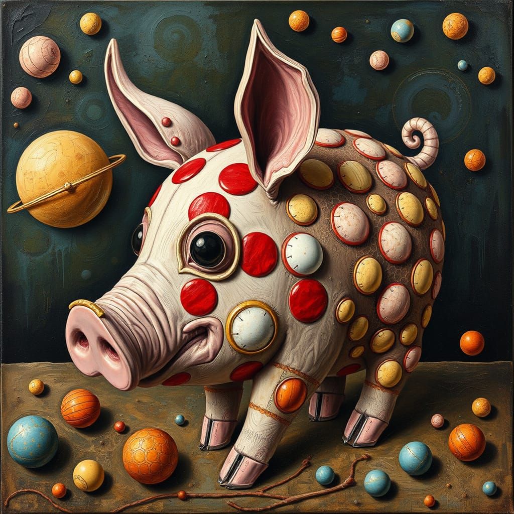 Surreal Polka Dot Pig in Impasto Folk Art Style
