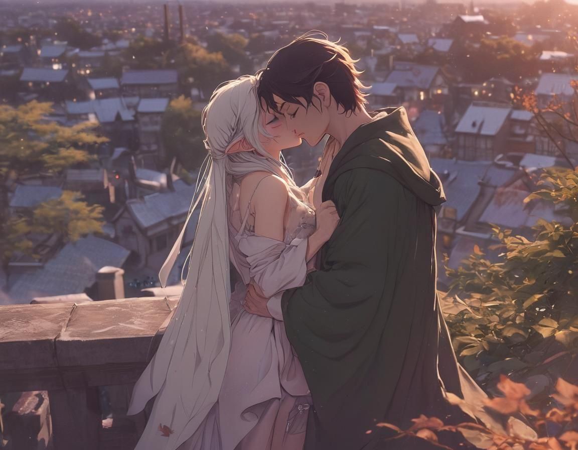Romantic Elf Embrace Under Fireworks, Anime Style