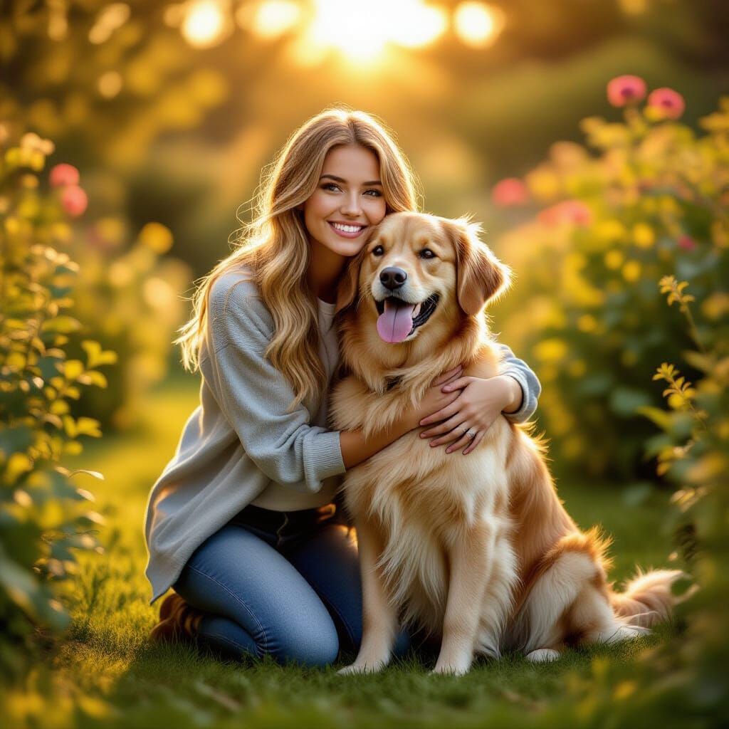 Young Woman Hugs Golden Retriever in Sunlit Garden