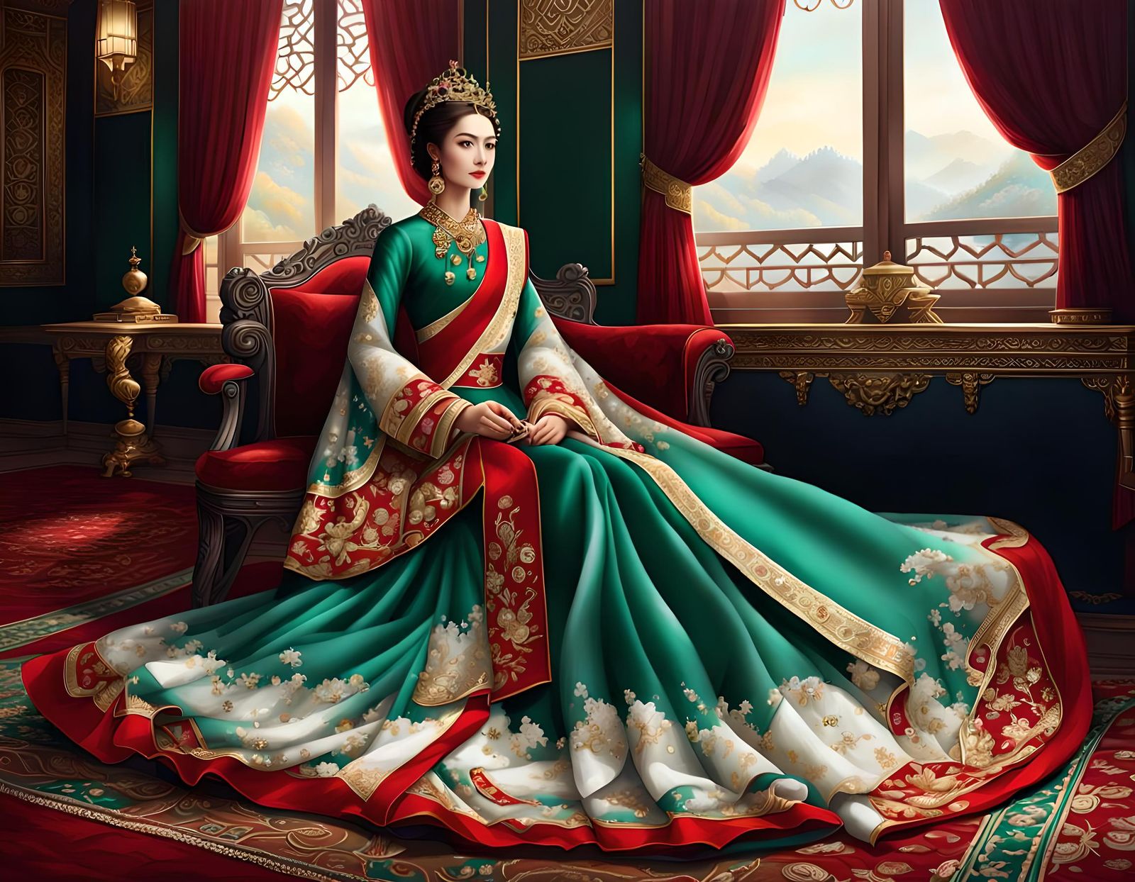Beautiful Empress in Luxurious Imperial Palace, Impressionis...