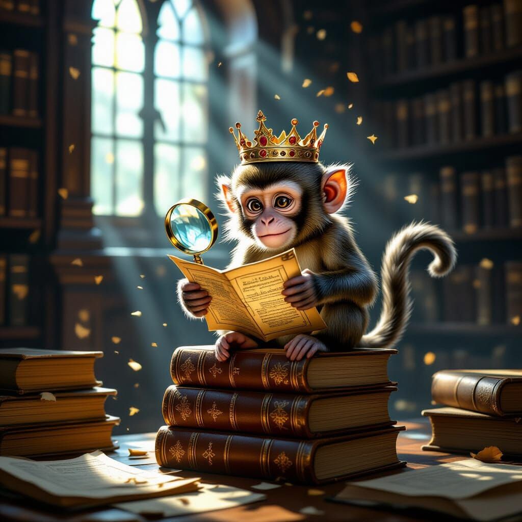 Monkey King Reads Ancient Map in Dusty Library