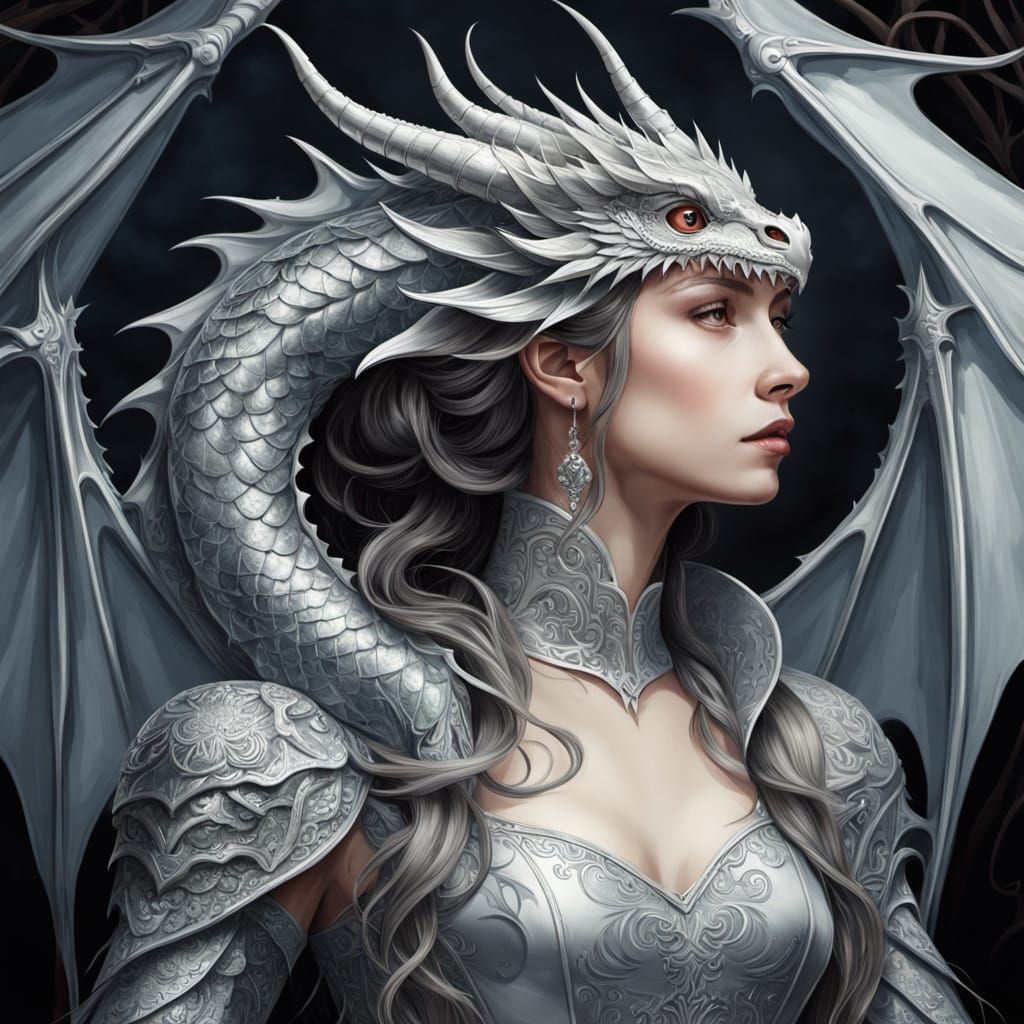 Silver Dragon Over Ornate Gothic Heart in Mystical Atmospher...